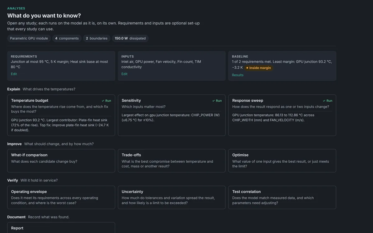 The Analysis workspace, titled What do you want to know?, listing studies under Explain, Improve, Verify and Document, with requirements, inputs and baseline results summarized above.