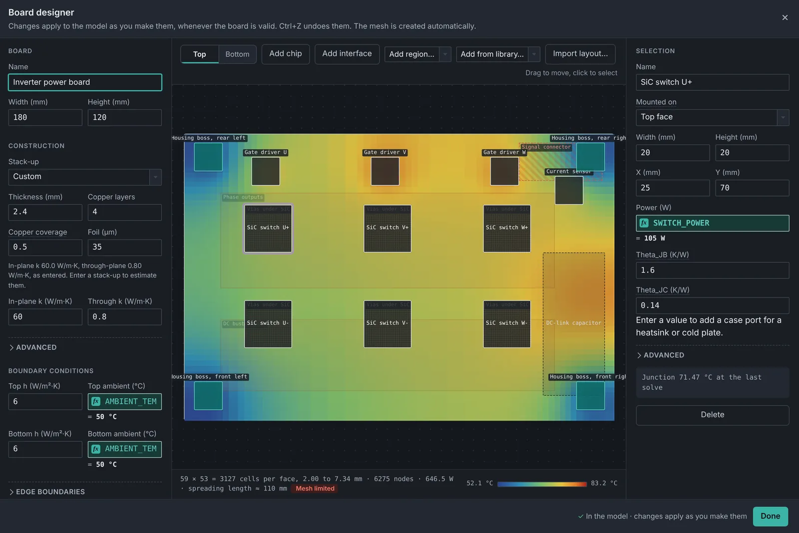 The board designer: board construction settings on the left, the component layout with its solved temperature field in the middle, and the selected component's power and thermal properties on the right.