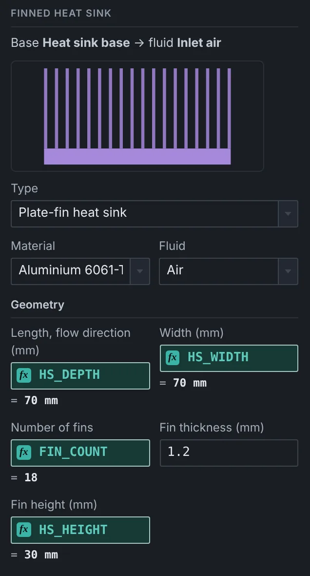 Heat sink properties: material, airflow and geometry, with several fields defined from named parameters.