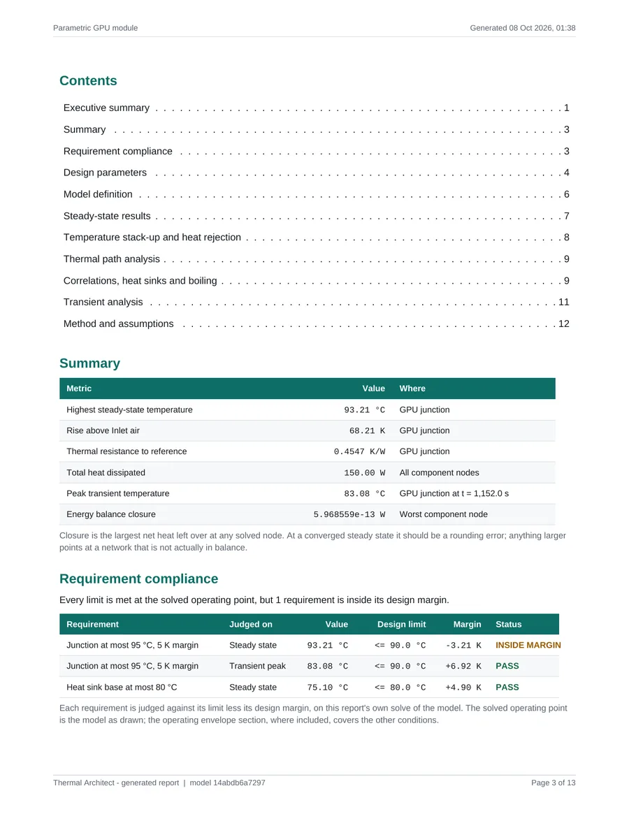 A report page with the contents, a results summary and a requirement compliance table.