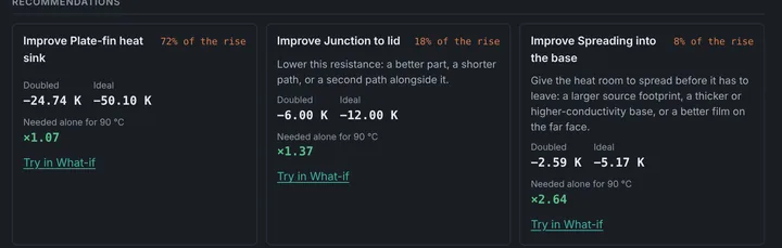Recommendation cards showing what each possible improvement would buy.